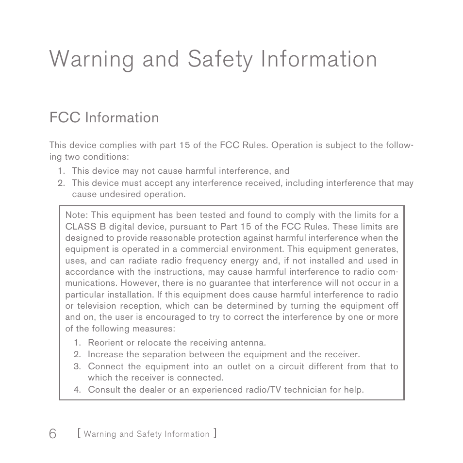 Warning and safety information, Fcc information | Sirius Satellite Radio INV2 User Manual | Page 6 / 80