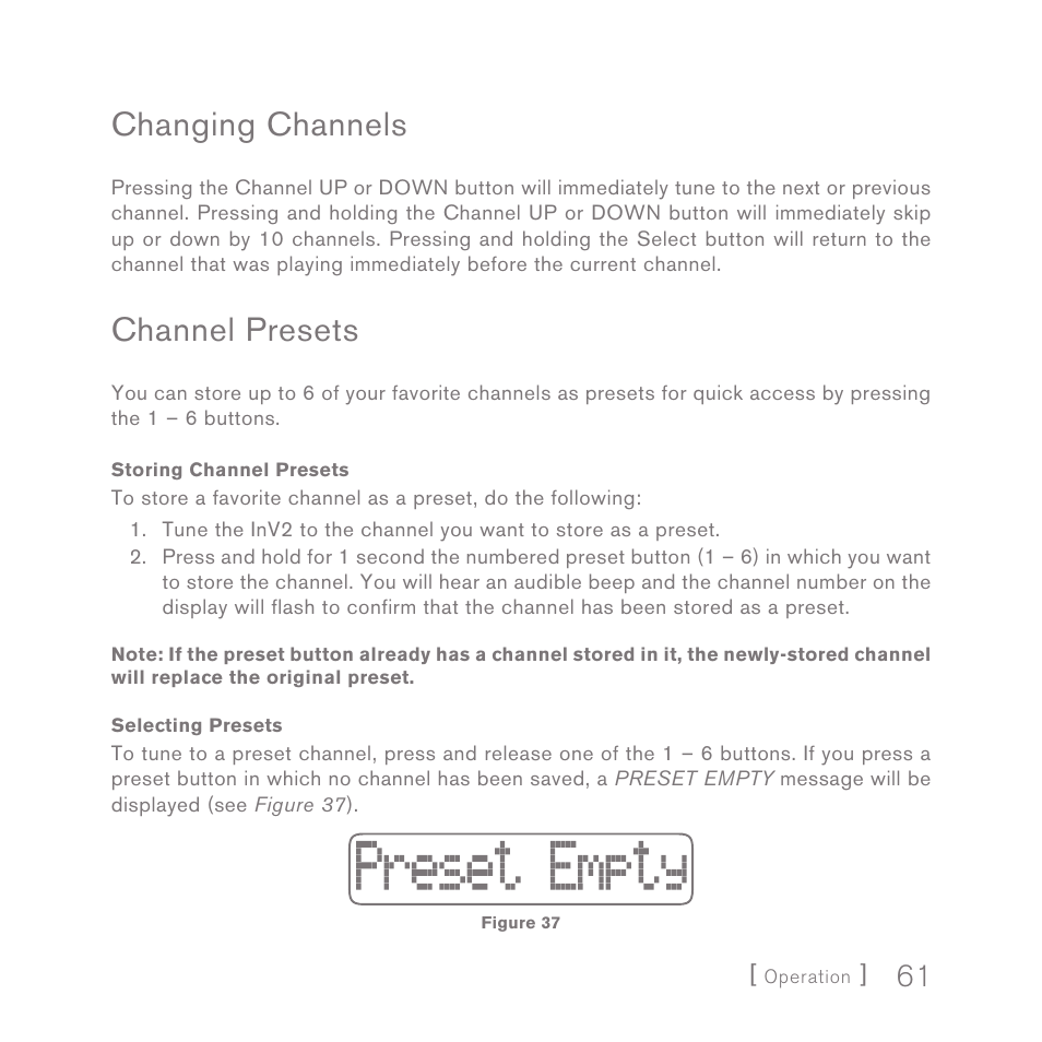 Changing channels, Channel presets | Sirius Satellite Radio INV2 User Manual | Page 61 / 80