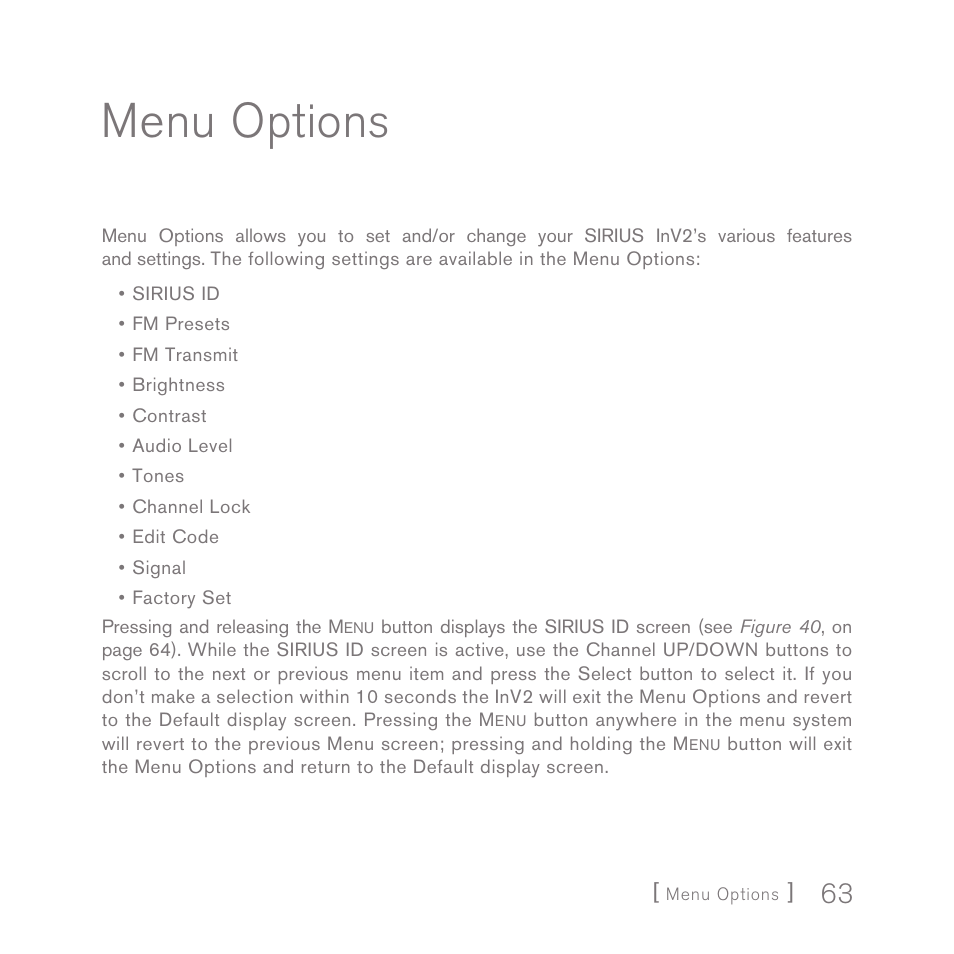 Menu options | Sirius Satellite Radio INV2 User Manual | Page 63 / 80