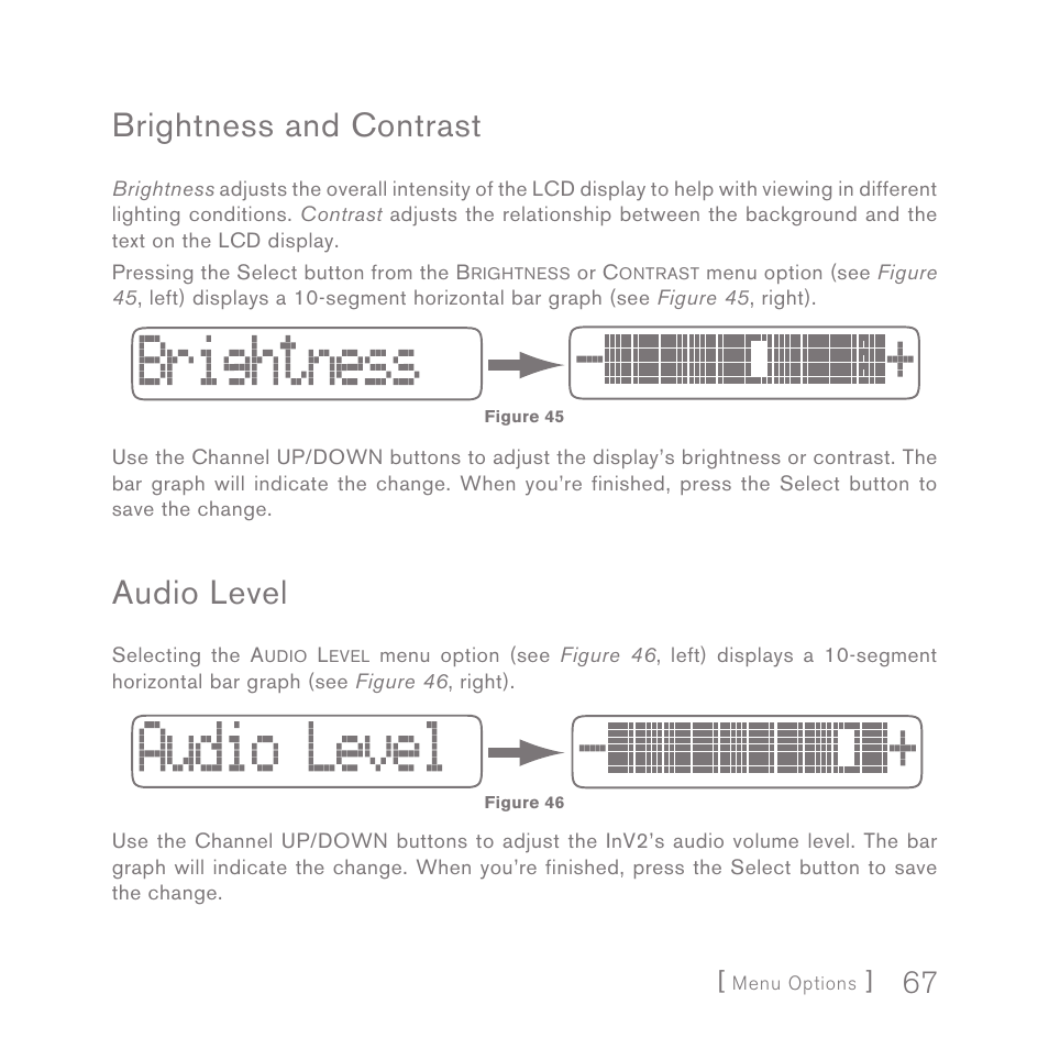 Brightness and contrast, Audio level | Sirius Satellite Radio INV2 User Manual | Page 67 / 80
