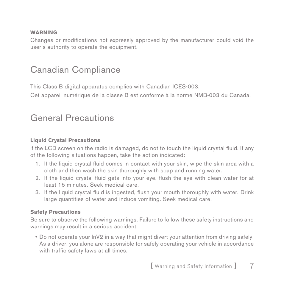 Canadian compliance, General precautions | Sirius Satellite Radio INV2 User Manual | Page 7 / 80