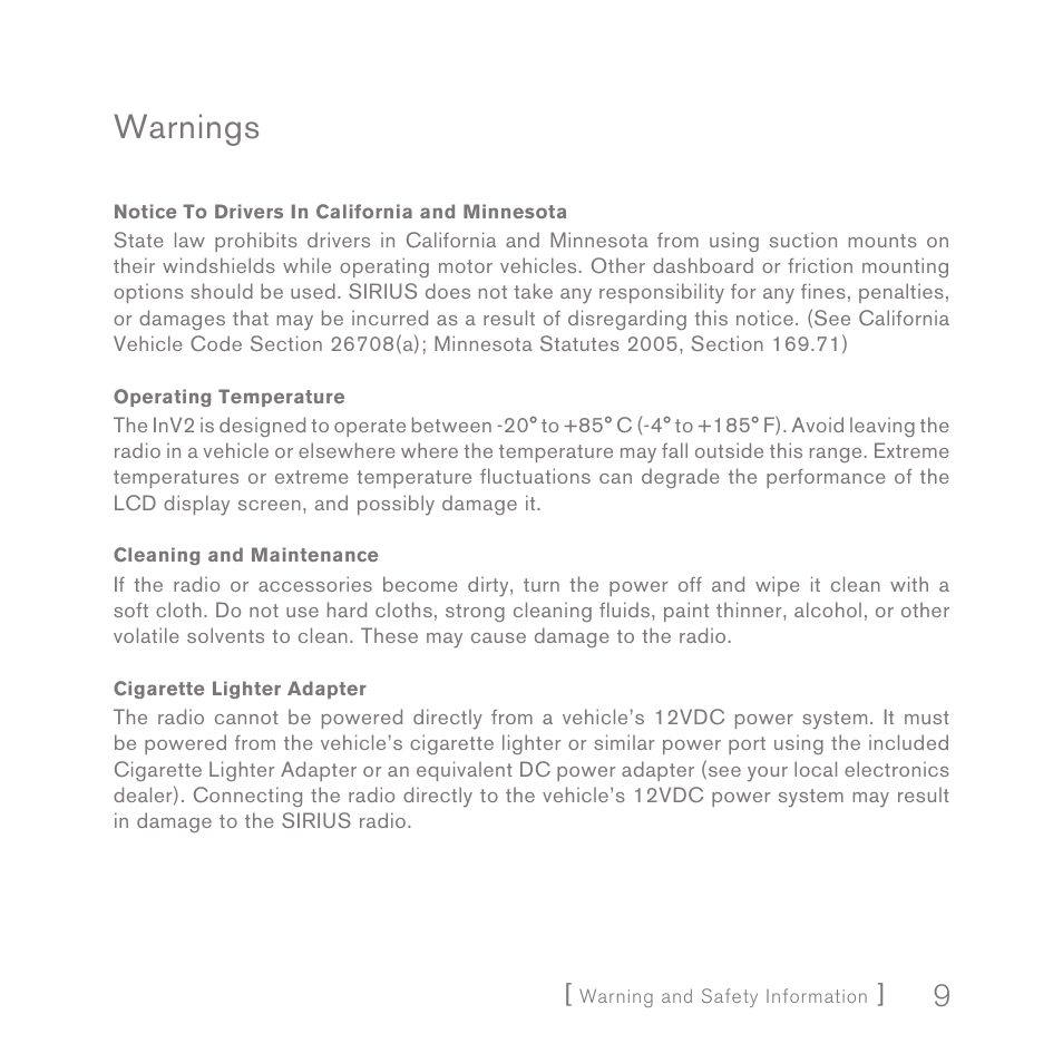 Warnings | Sirius Satellite Radio INV2 User Manual | Page 9 / 80
