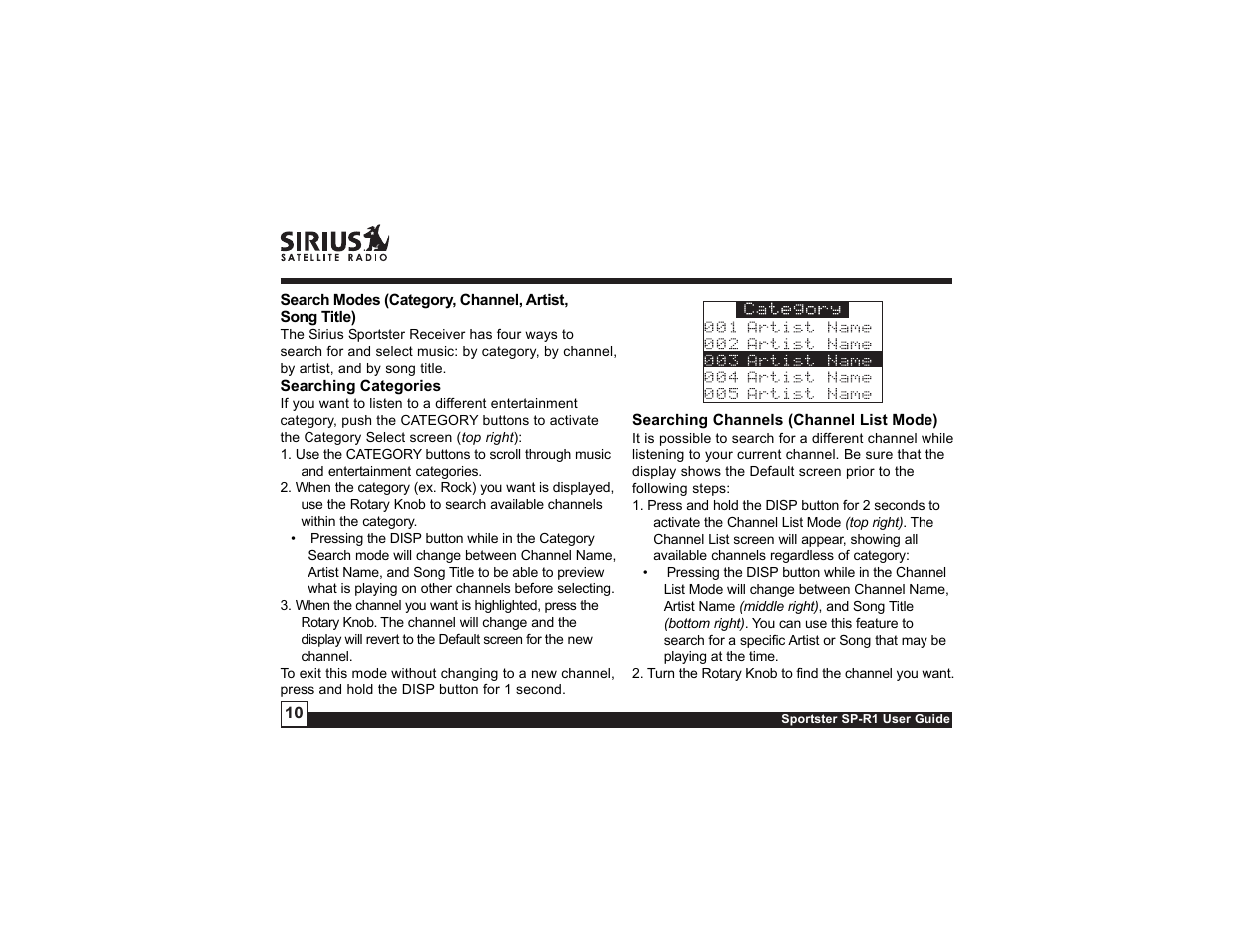 Sirius Satellite Radio SIRIUS Sportster SP-R1 User Manual | Page 10 / 38