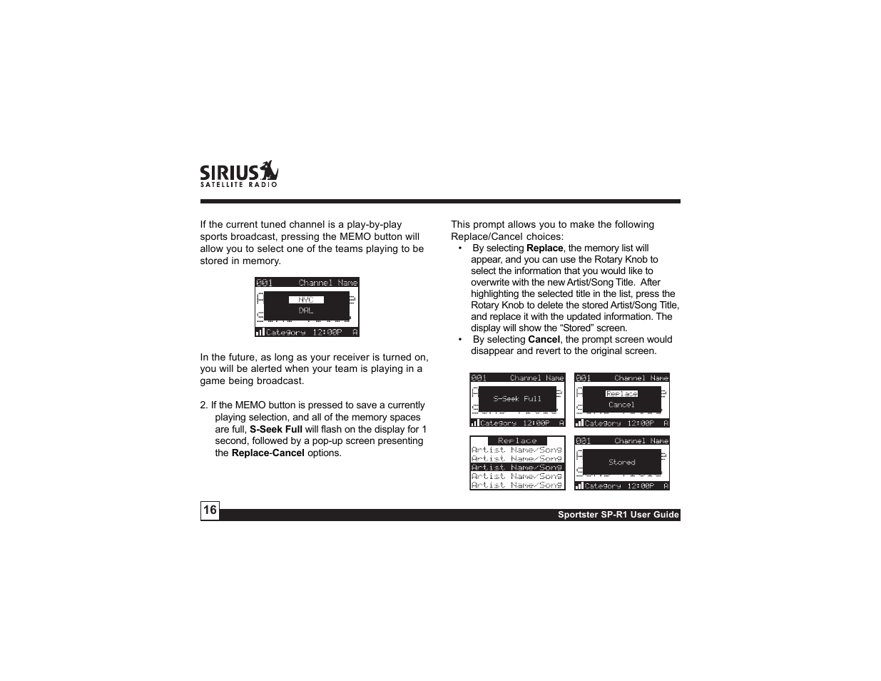 Sirius Satellite Radio SIRIUS Sportster SP-R1 User Manual | Page 16 / 38