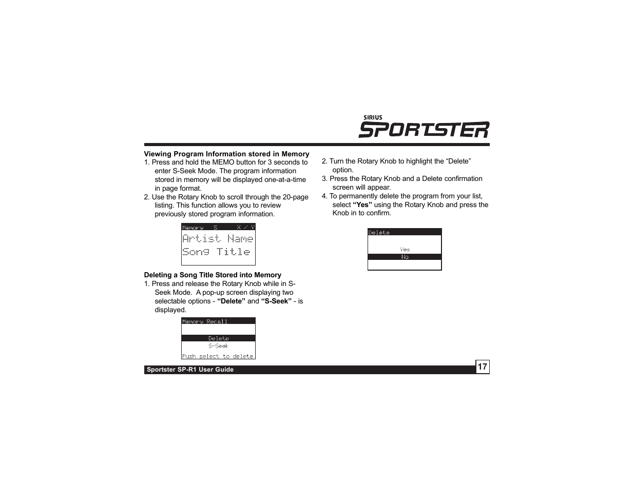 Sirius Satellite Radio SIRIUS Sportster SP-R1 User Manual | Page 17 / 38