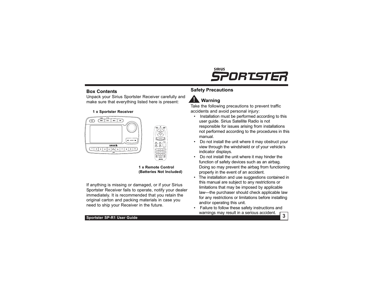 Sirius Satellite Radio SIRIUS Sportster SP-R1 User Manual | Page 3 / 38