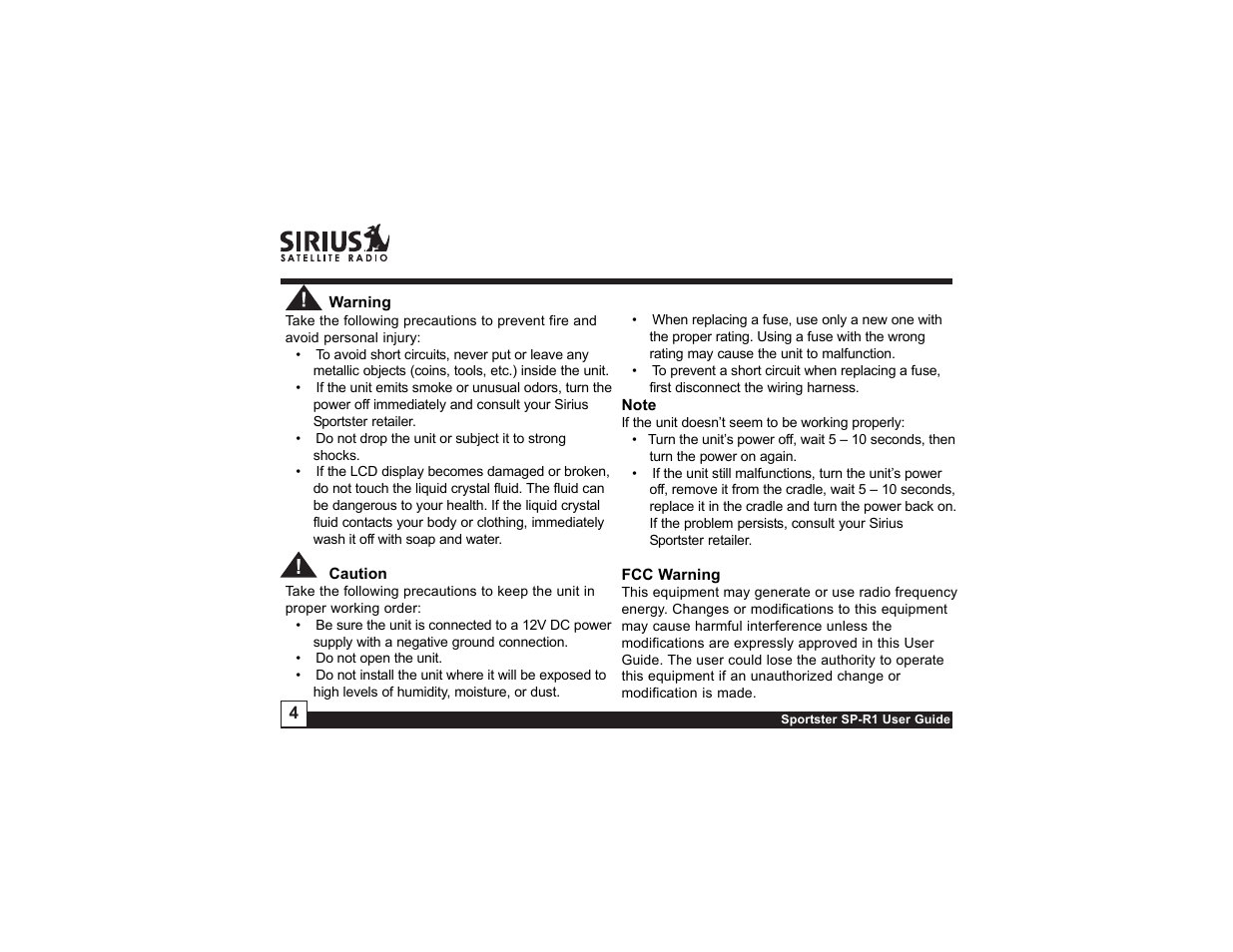 Sirius Satellite Radio SIRIUS Sportster SP-R1 User Manual | Page 4 / 38