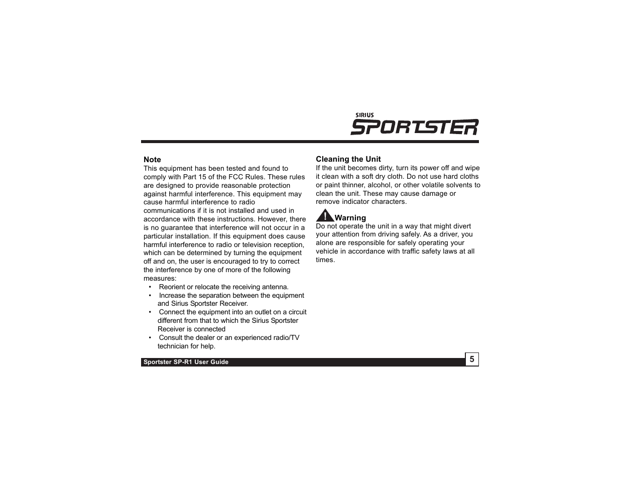 Sirius Satellite Radio SIRIUS Sportster SP-R1 User Manual | Page 5 / 38