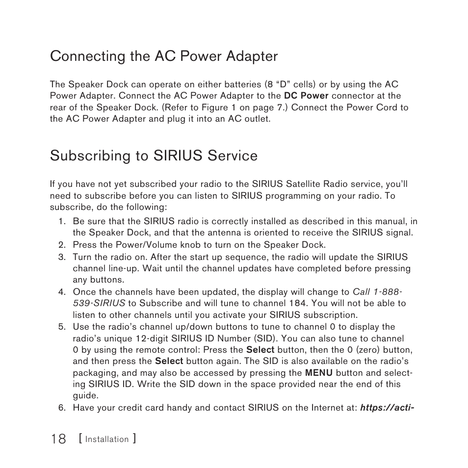 Connecting the ac power adapter, Subscribing to sirius service | Sirius Satellite Radio SUBX2082808a User Manual | Page 18 / 28