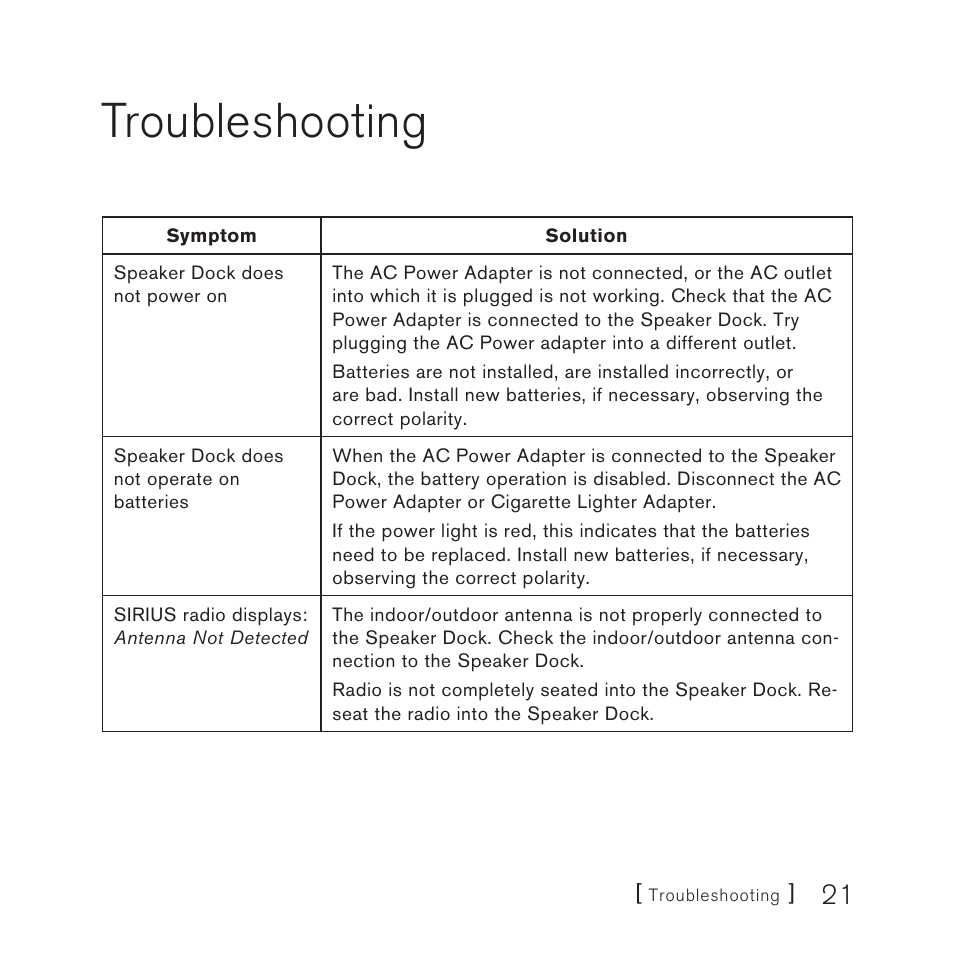 Troubleshooting | Sirius Satellite Radio SUBX2082808a User Manual | Page 21 / 28