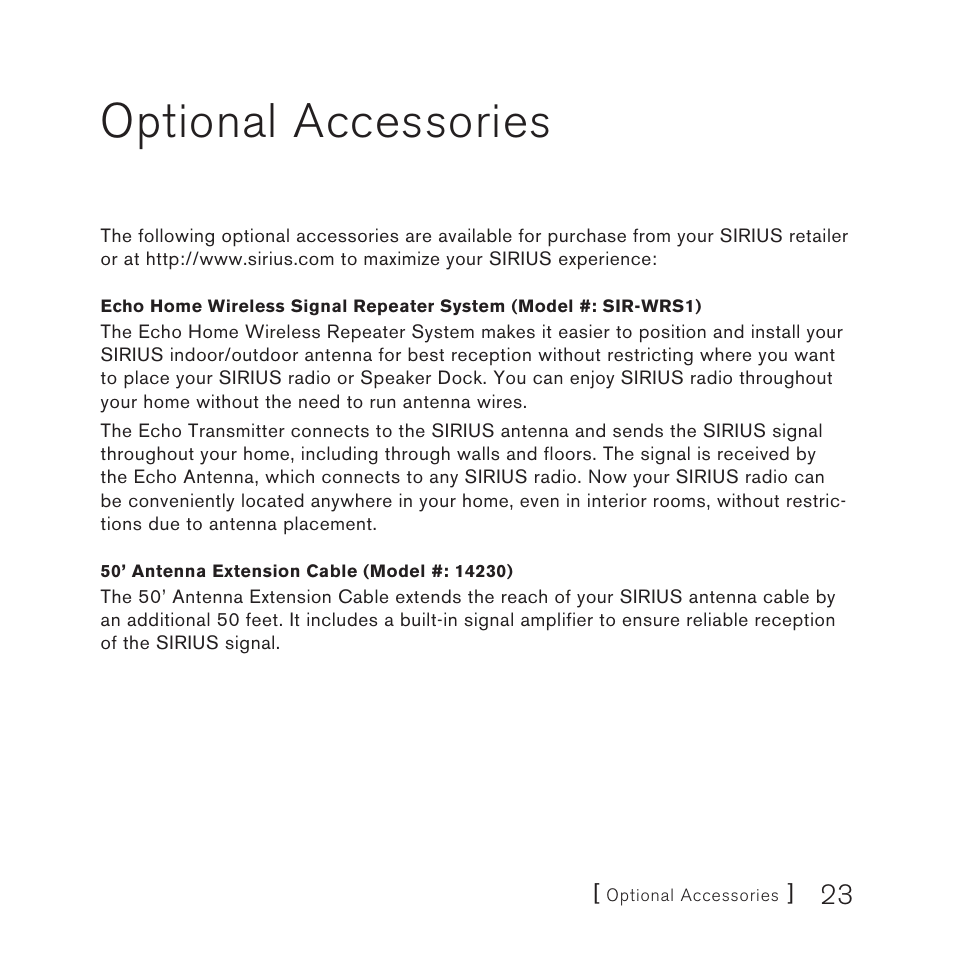 Optional accessories | Sirius Satellite Radio SUBX2082808a User Manual | Page 23 / 28