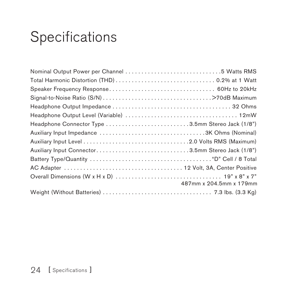 Specifications | Sirius Satellite Radio SUBX2082808a User Manual | Page 24 / 28