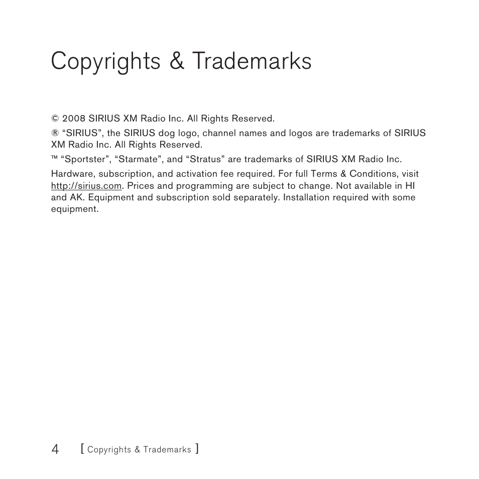 Copyrights & trademarks | Sirius Satellite Radio SUBX2082808a User Manual | Page 4 / 28