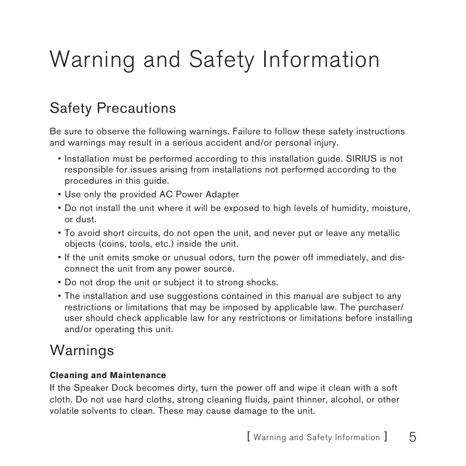 Warning and safety information, Safety precautions, Warnings | Sirius Satellite Radio SUBX2082808a User Manual | Page 5 / 28