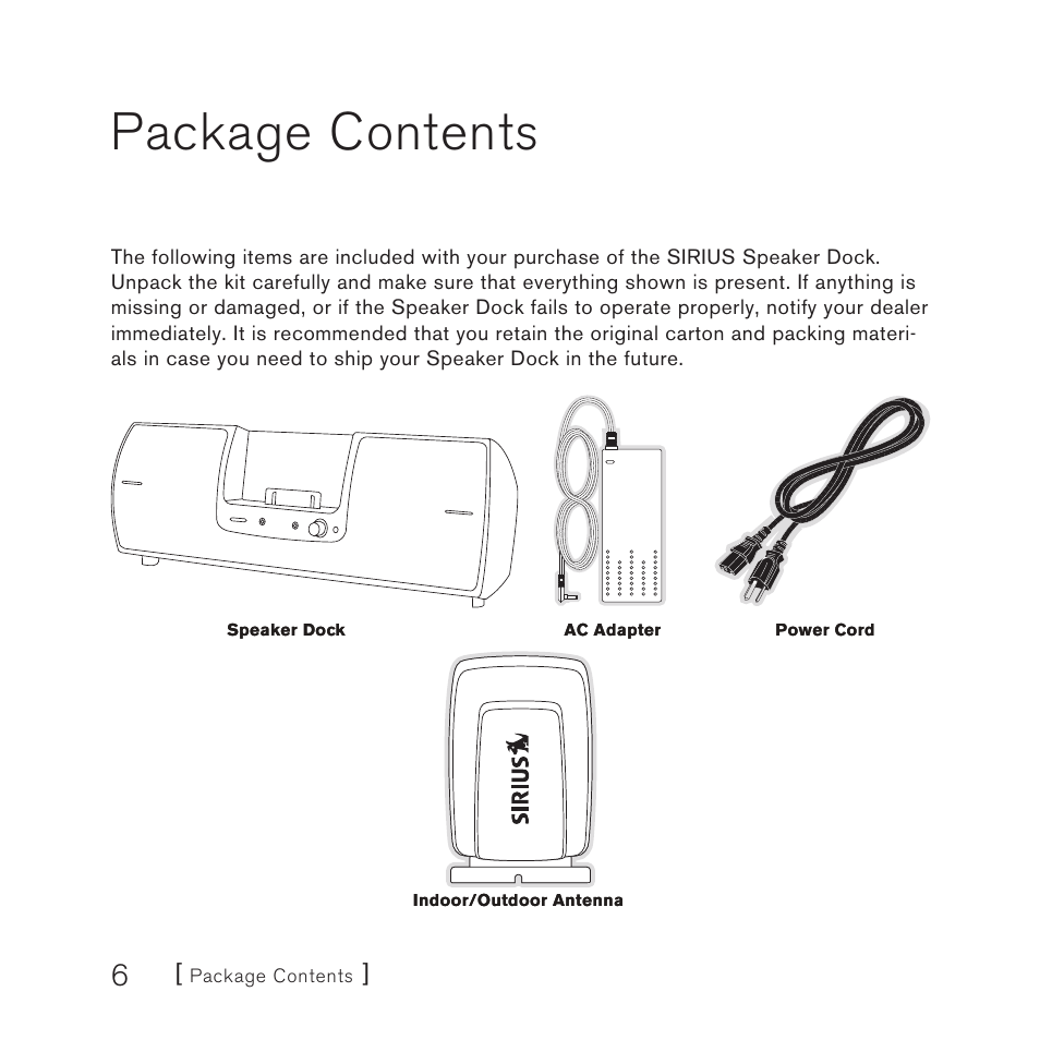 Package contents | Sirius Satellite Radio SUBX2082808a User Manual | Page 6 / 28