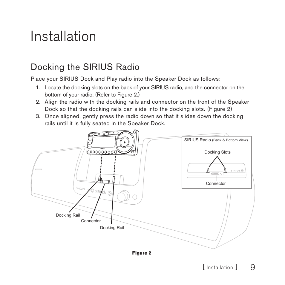 Installation, Docking the sirius radio | Sirius Satellite Radio SUBX2082808a User Manual | Page 9 / 28