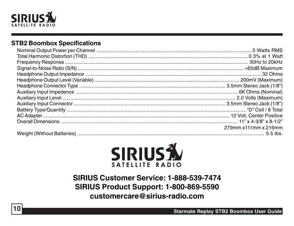 Sirius Satellite Radio Sirius Starmate Replay Boombox STB2 User Manual | Page 10 / 12
