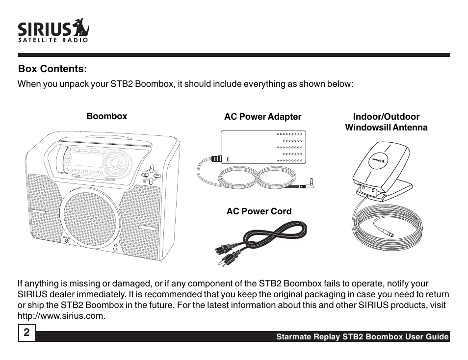 Box contents | Sirius Satellite Radio Sirius Starmate Replay Boombox STB2 User Manual | Page 2 / 12