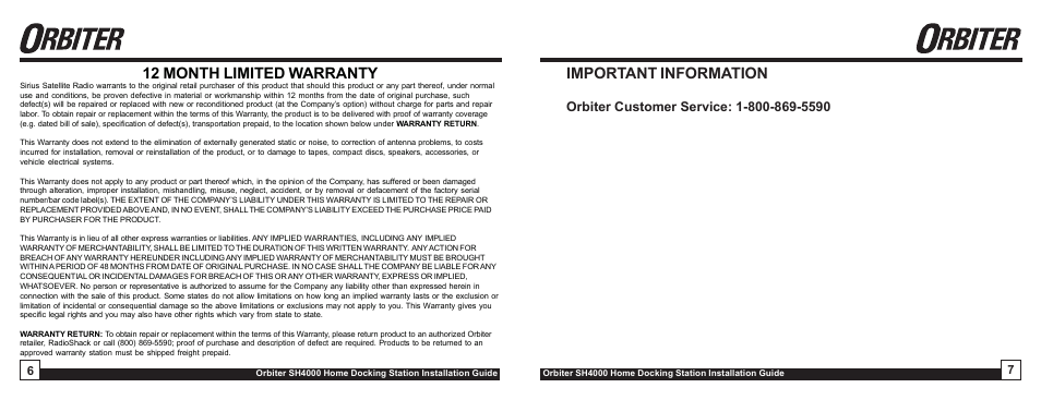 Important information, 12 month limited warranty | Sirius Satellite Radio SH4000 User Manual | Page 4 / 4