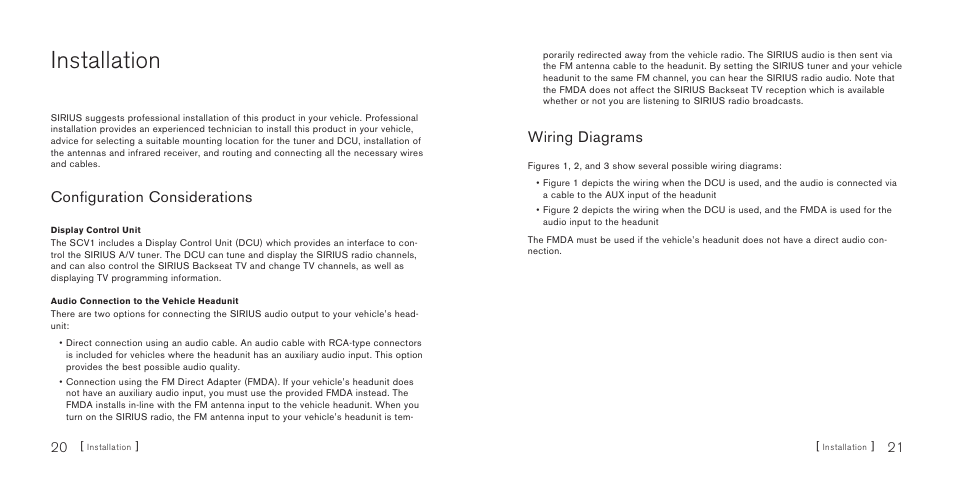 Installation, Configuration considerations, Wiring diagrams | Sirius Satellite Radio SiriusConnect SBTV091807a User Manual | Page 12 / 42