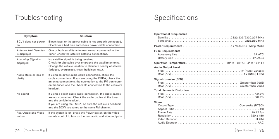 Troubleshooting, Specifications | Sirius Satellite Radio SiriusConnect SBTV091807a User Manual | Page 39 / 42