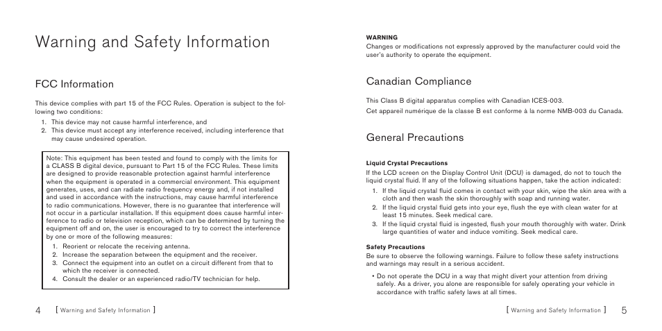 Warning and safety information, Fcc information, Canadian compliance | General precautions | Sirius Satellite Radio SiriusConnect SBTV091807a User Manual | Page 4 / 42