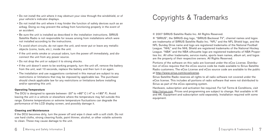 Copyrights & trademarks | Sirius Satellite Radio SiriusConnect SBTV091807a User Manual | Page 5 / 42