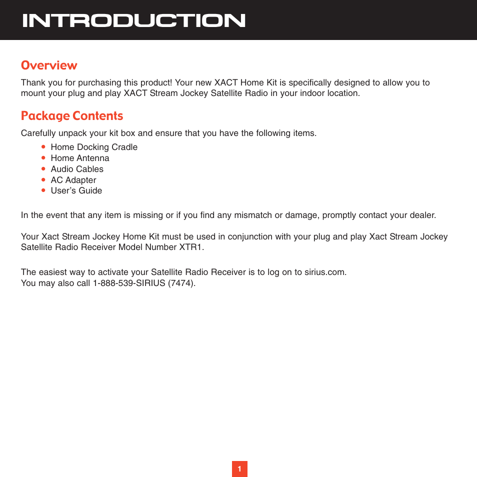 Introduction, Overview, Package contents | Sirius Satellite Radio XS022 User Manual | Page 5 / 12