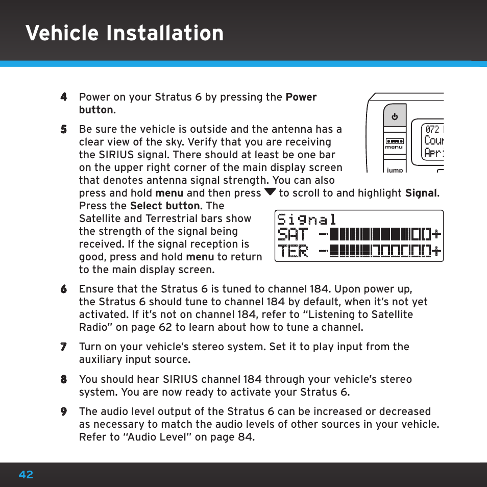 Vehicle installation, Sat - + ter | Sirius Satellite Radio SDSV6V1 User Manual | Page 42 / 98