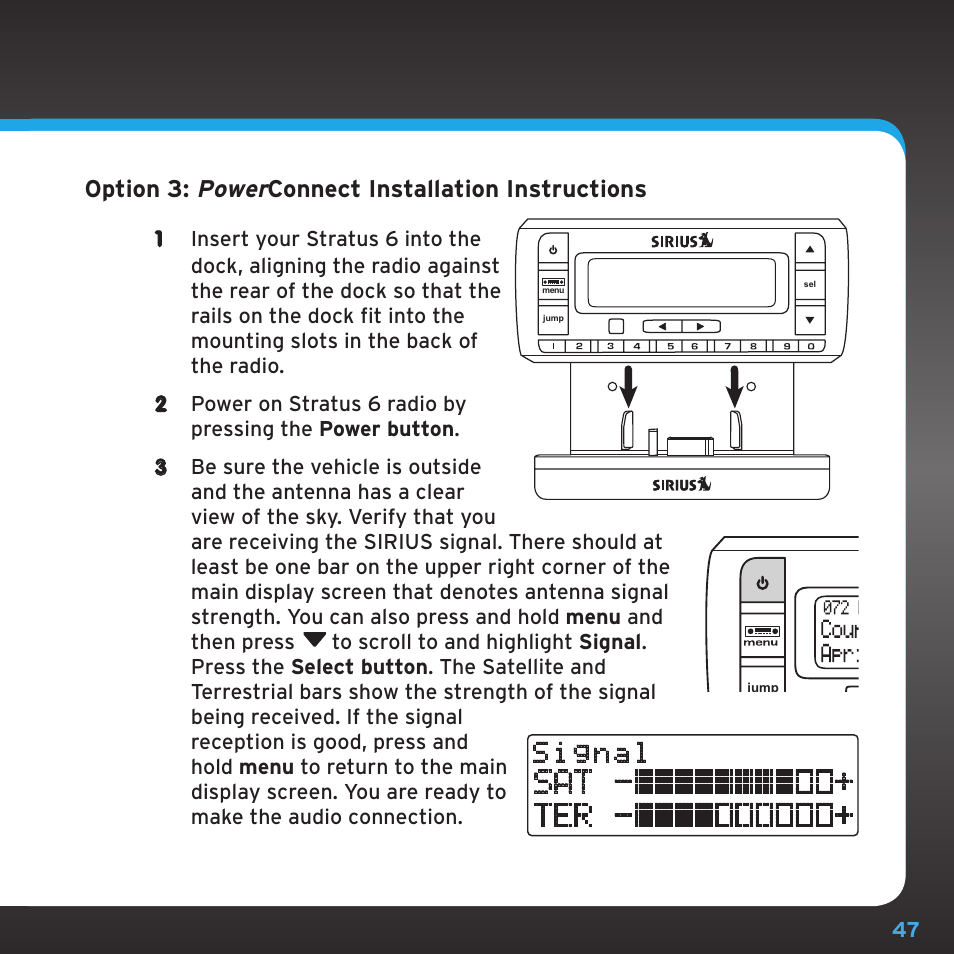 Sat - + ter, Option 3: power connect installation instructions | Sirius Satellite Radio SDSV6V1 User Manual | Page 47 / 98