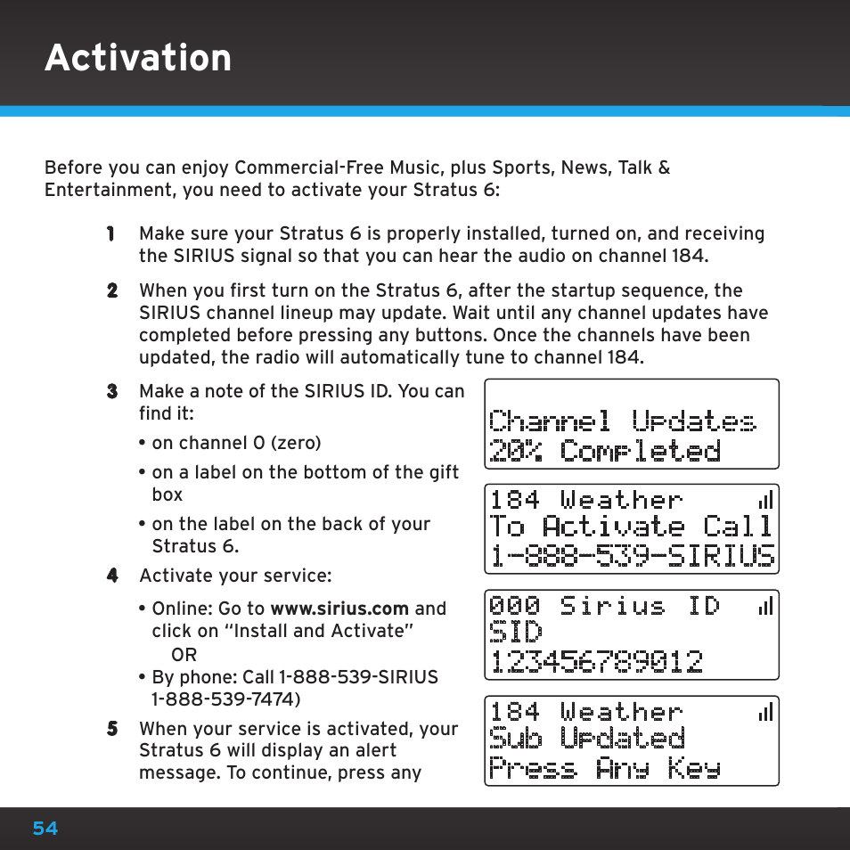 Activation, Sub updated press any key | Sirius Satellite Radio SDSV6V1 User Manual | Page 54 / 98