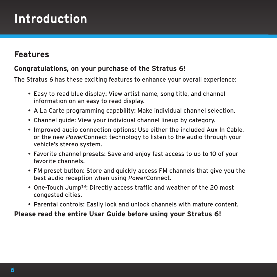 Introduction, Features | Sirius Satellite Radio SDSV6V1 User Manual | Page 6 / 98