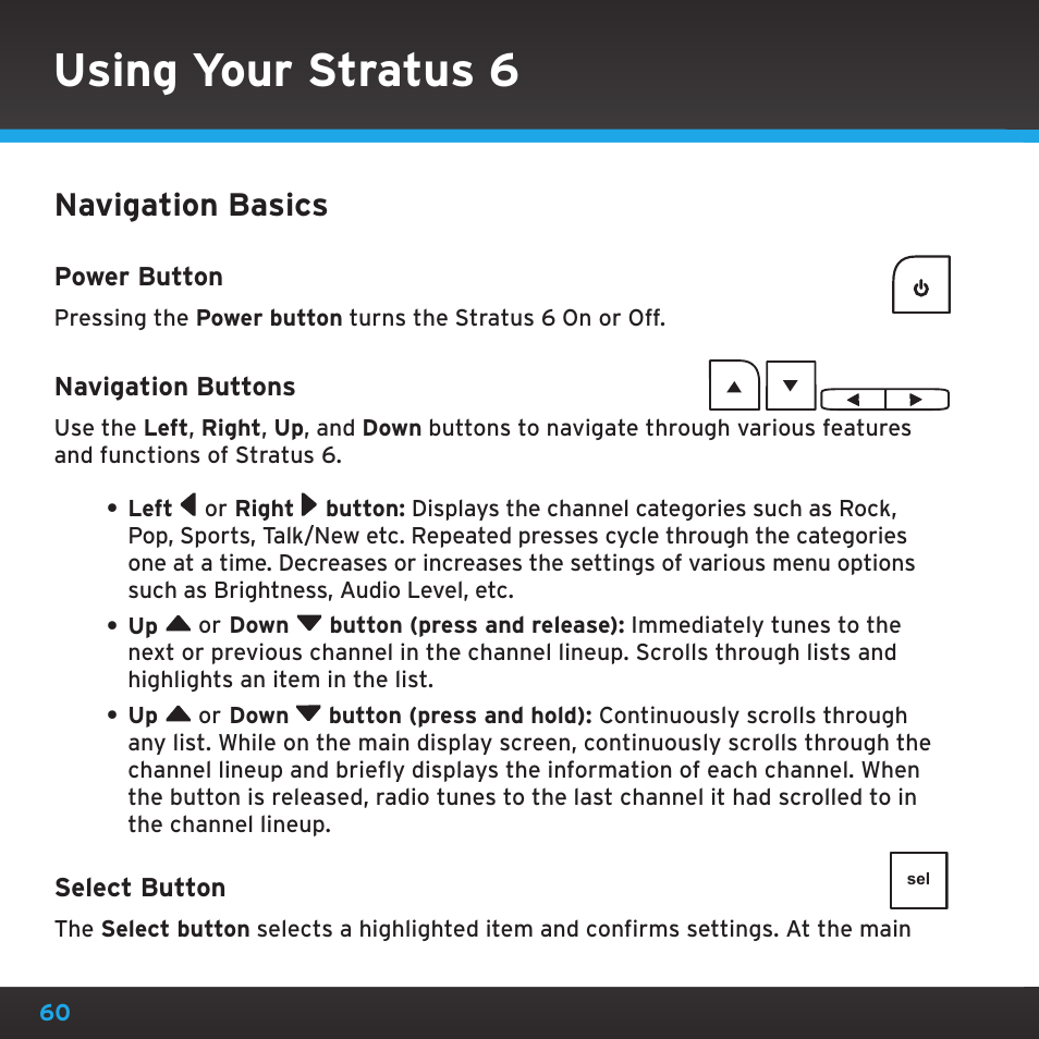 Using your stratus 6, Navigation basics | Sirius Satellite Radio SDSV6V1 User Manual | Page 60 / 98