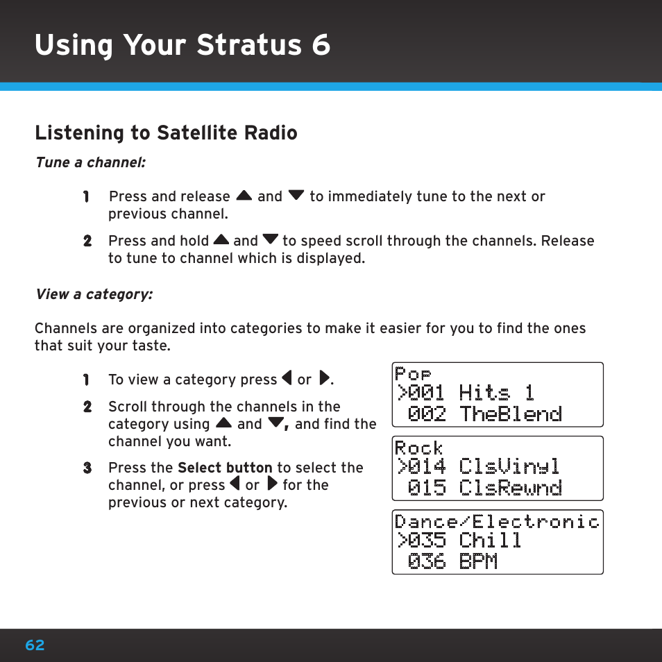 Using your stratus 6, Listening to satellite radio | Sirius Satellite Radio SDSV6V1 User Manual | Page 62 / 98