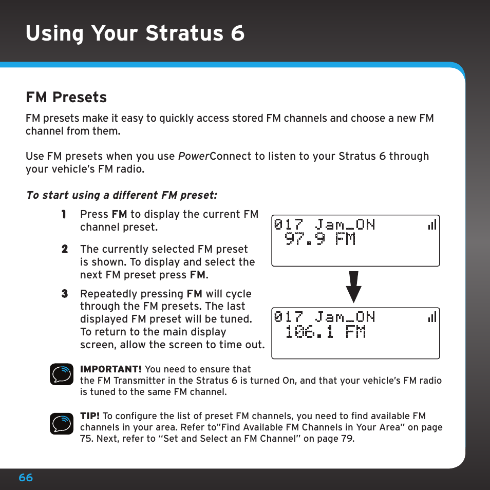 Using your stratus 6, Fm presets, 9 fm | 1 fm | Sirius Satellite Radio SDSV6V1 User Manual | Page 66 / 98