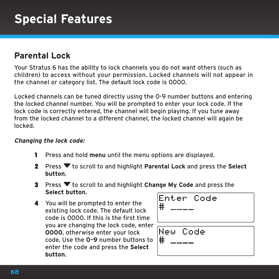 Special features, Parental lock | Sirius Satellite Radio SDSV6V1 User Manual | Page 68 / 98