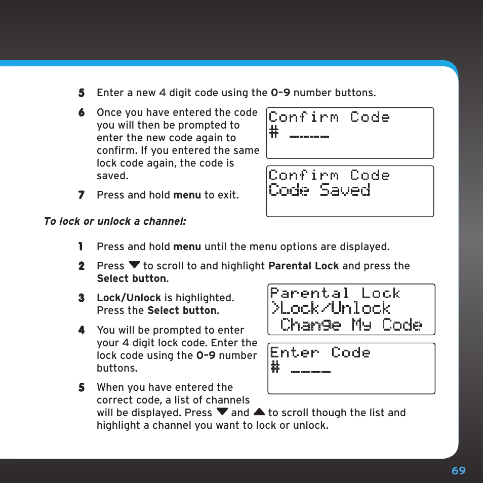 Code saved, Lock/unlock change my code | Sirius Satellite Radio SDSV6V1 User Manual | Page 69 / 98