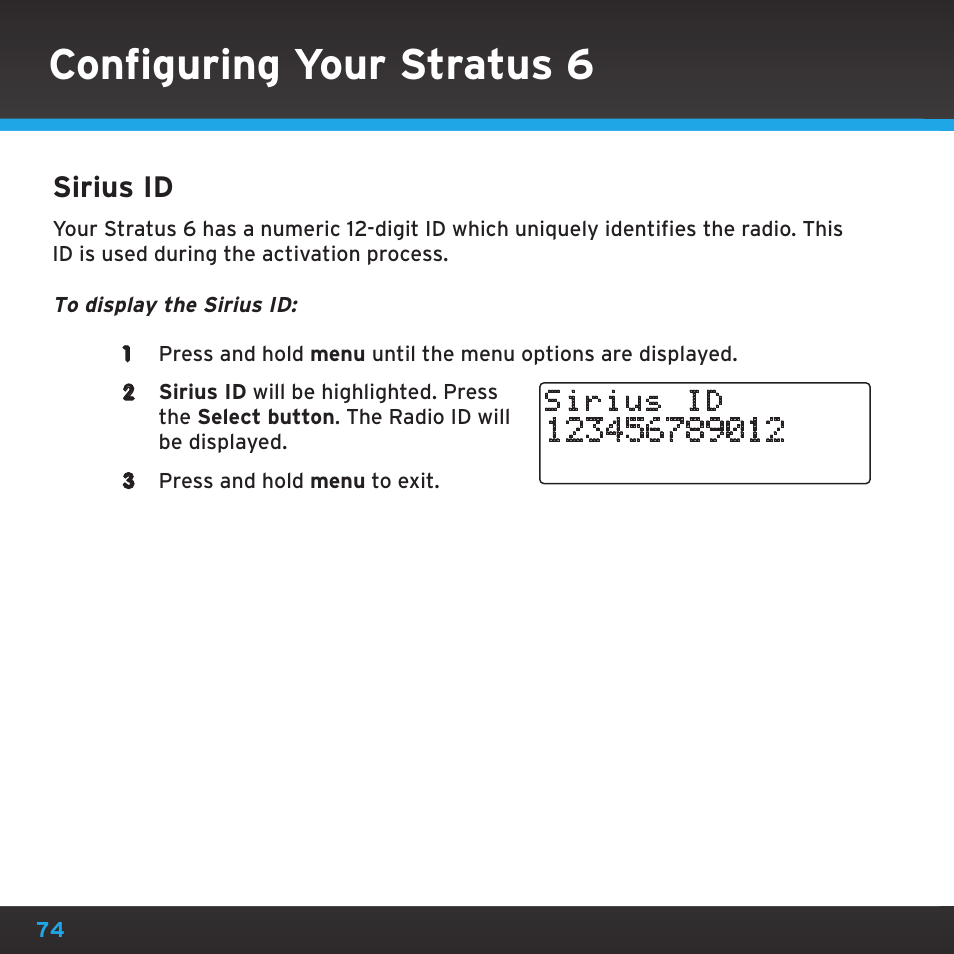 Configuring your stratus 6, Sirius id | Sirius Satellite Radio SDSV6V1 User Manual | Page 74 / 98