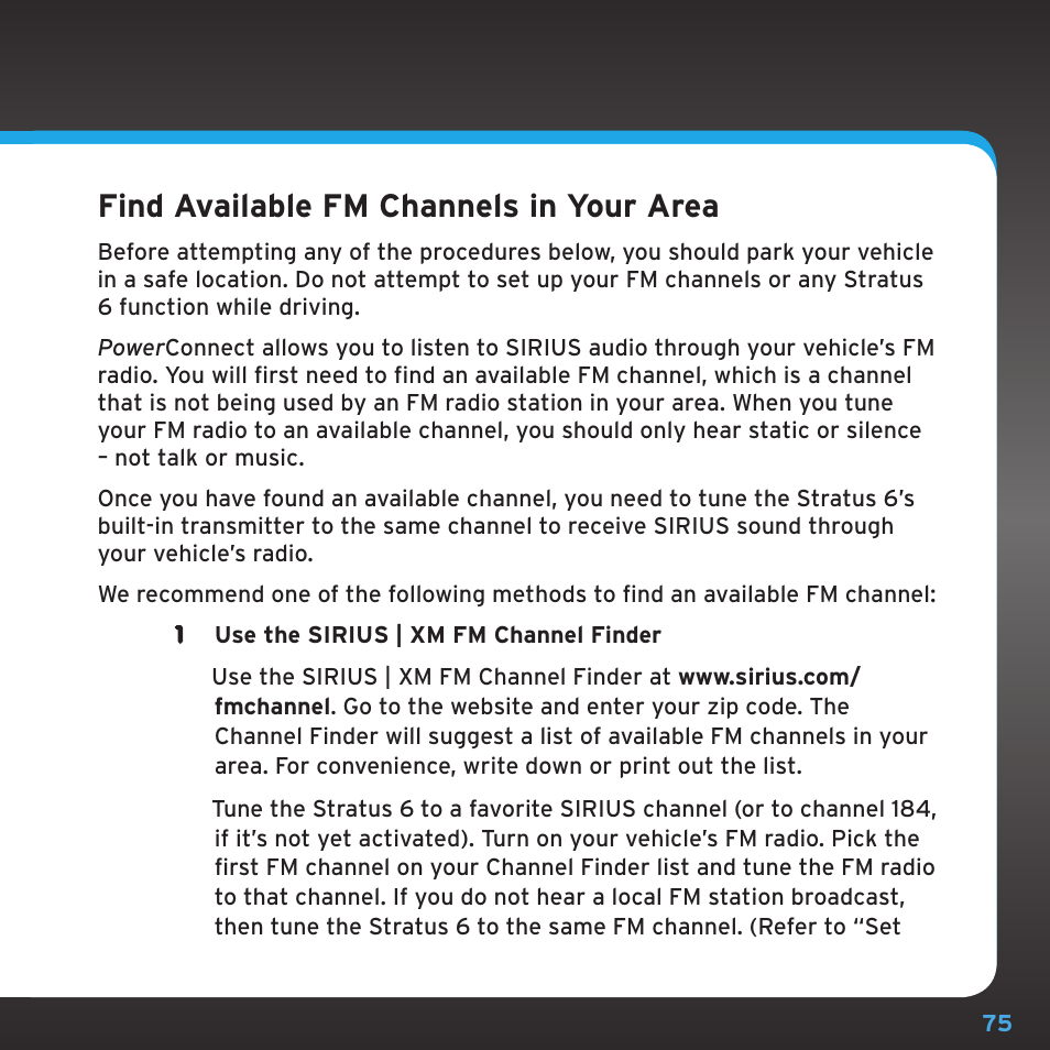 Find available fm channels in your area | Sirius Satellite Radio SDSV6V1 User Manual | Page 75 / 98