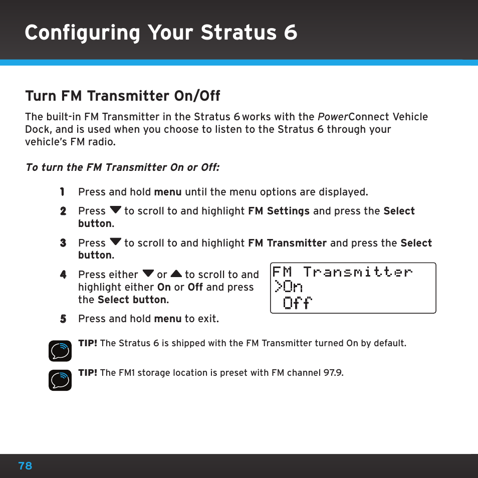 Configuring your stratus 6, Turn fm transmitter on/off, On off | Sirius Satellite Radio SDSV6V1 User Manual | Page 78 / 98