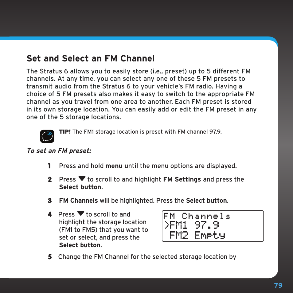 Configuring your stratus 6, Set and select an fm channel | Sirius Satellite Radio SDSV6V1 User Manual | Page 79 / 98