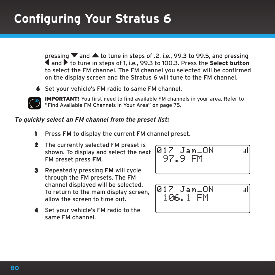 Configuring your stratus 6, 9 fm, 1 fm | Sirius Satellite Radio SDSV6V1 User Manual | Page 80 / 98
