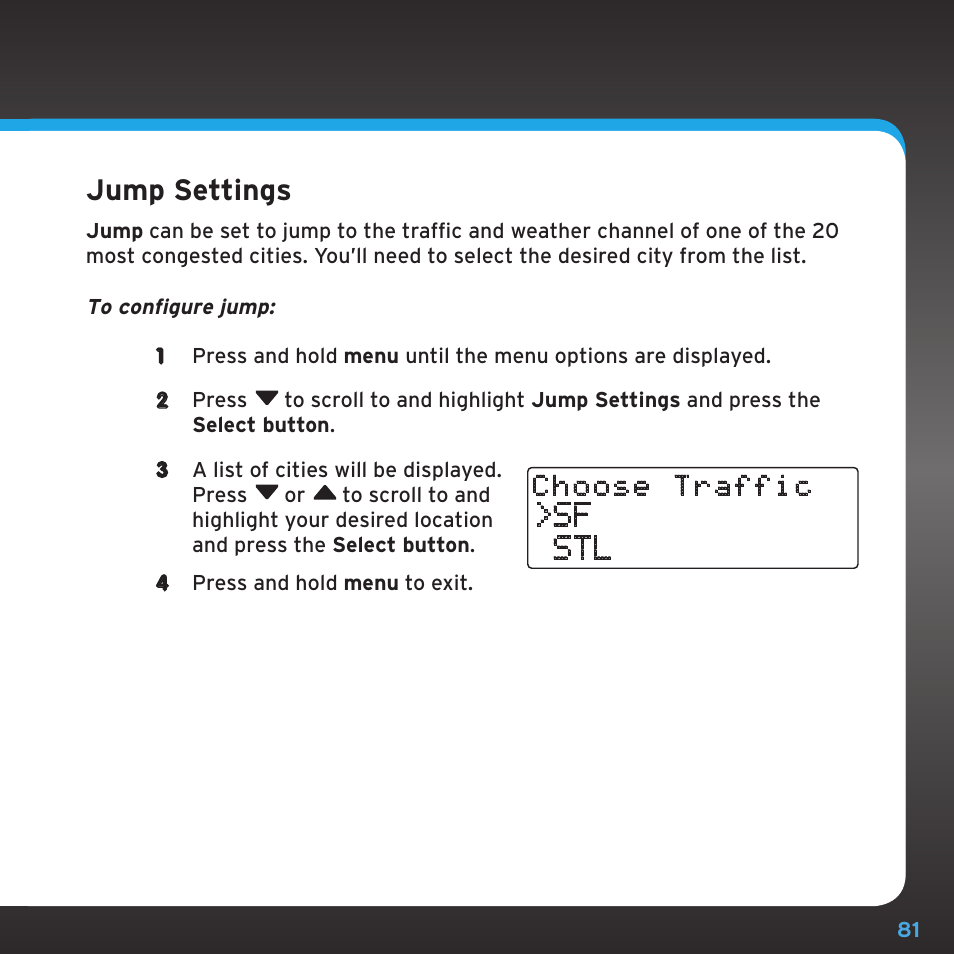 Configuring your stratus 6, Jump settings, Sf stl | Sirius Satellite Radio SDSV6V1 User Manual | Page 81 / 98