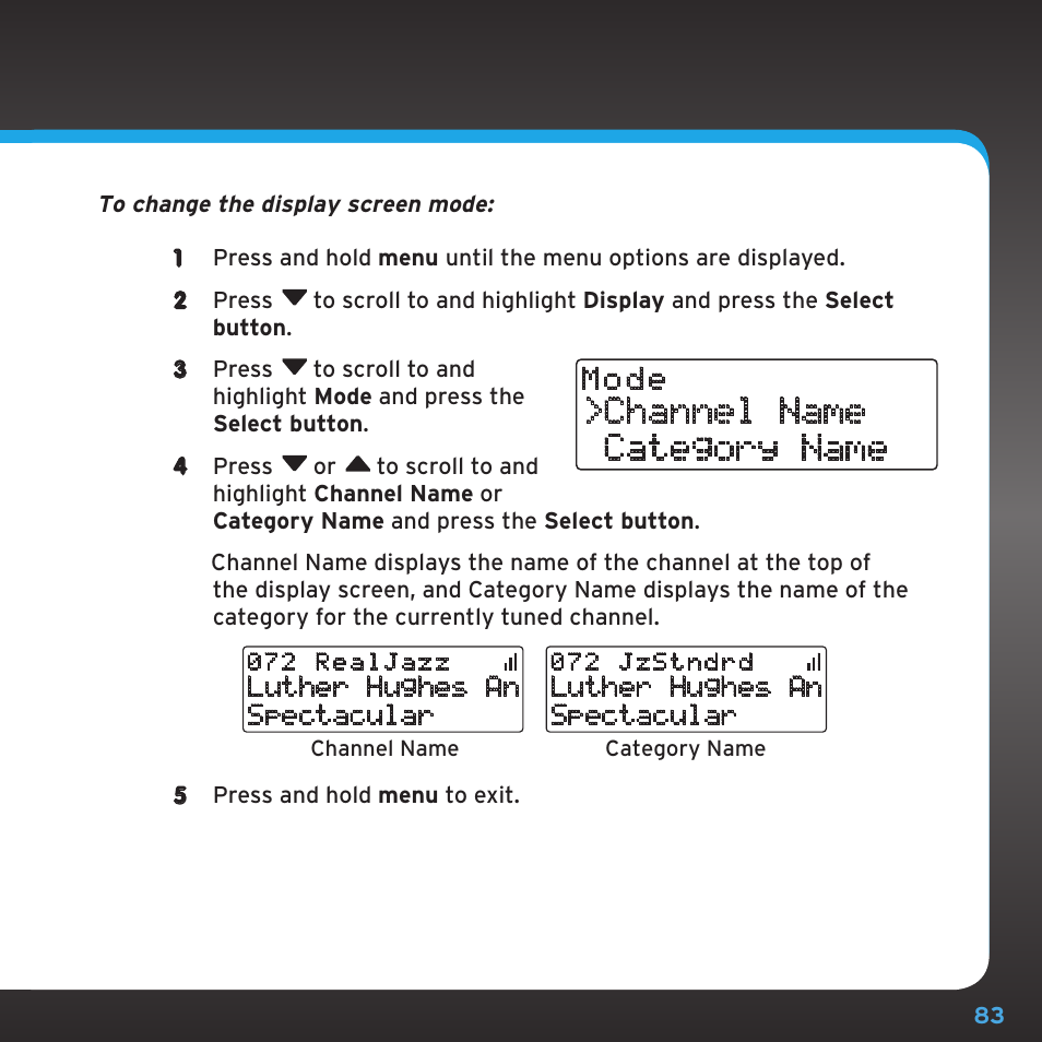 Configuring your stratus 6, Channel name category name | Sirius Satellite Radio SDSV6V1 User Manual | Page 83 / 98