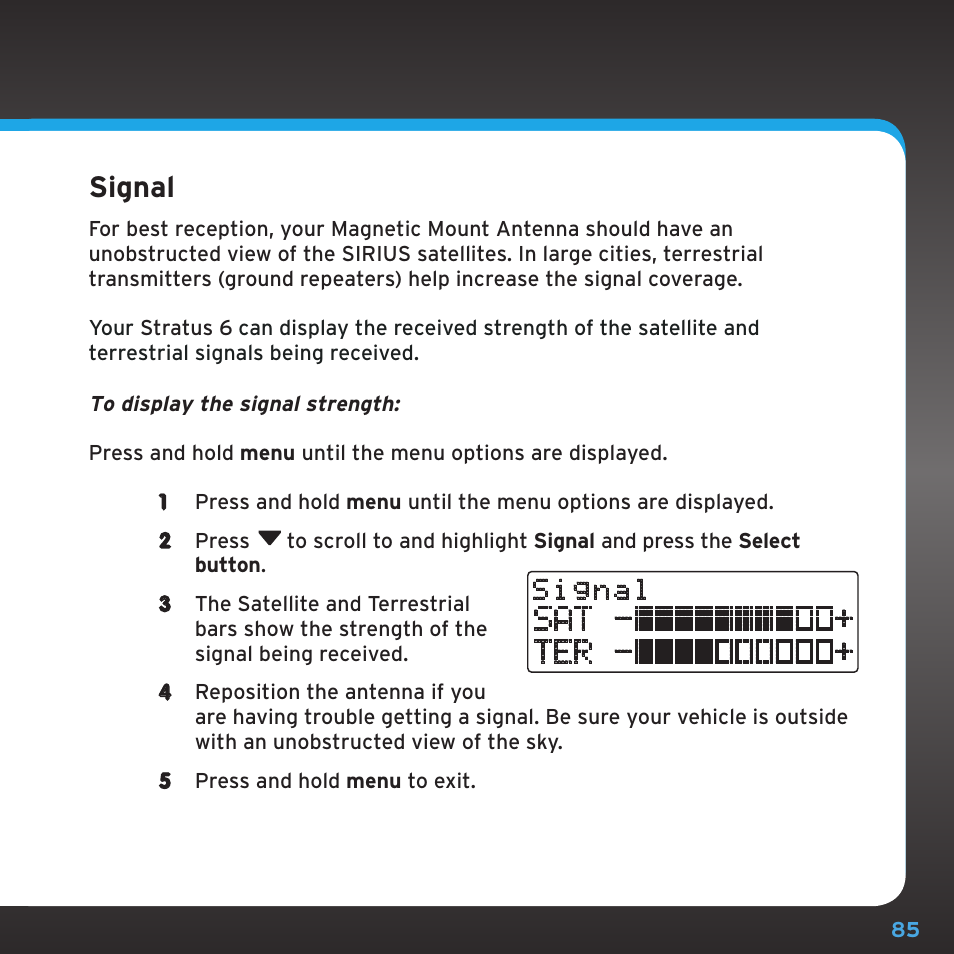 Configuring your stratus 6, Signal, Sat - + ter | Sirius Satellite Radio SDSV6V1 User Manual | Page 85 / 98