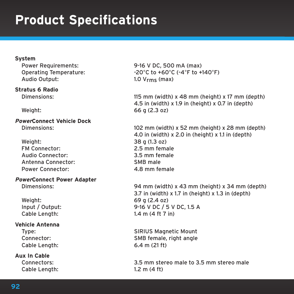 Product specifications | Sirius Satellite Radio SDSV6V1 User Manual | Page 92 / 98