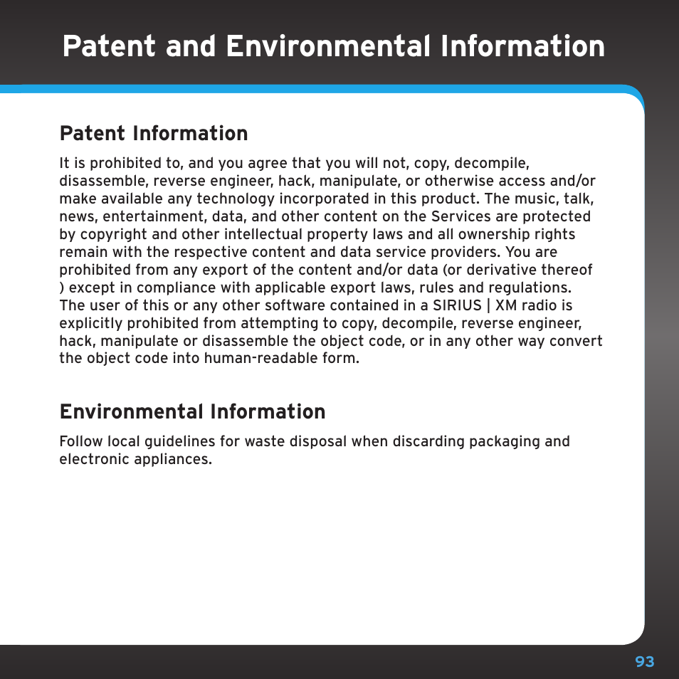 Patent and environmental information | Sirius Satellite Radio SDSV6V1 User Manual | Page 93 / 98
