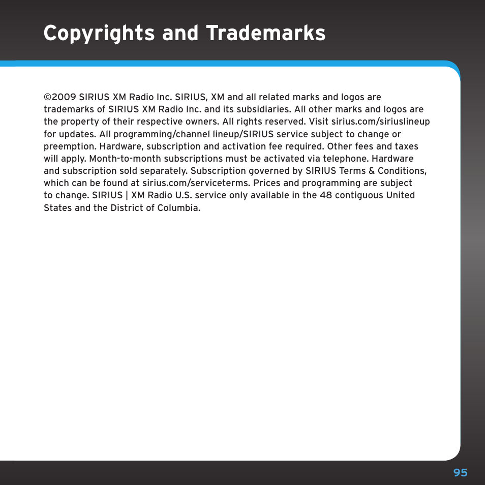 Copyrights and trademarks | Sirius Satellite Radio SDSV6V1 User Manual | Page 95 / 98