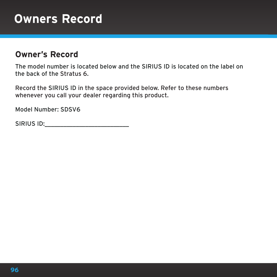 Owners record, Owner’s record | Sirius Satellite Radio SDSV6V1 User Manual | Page 96 / 98