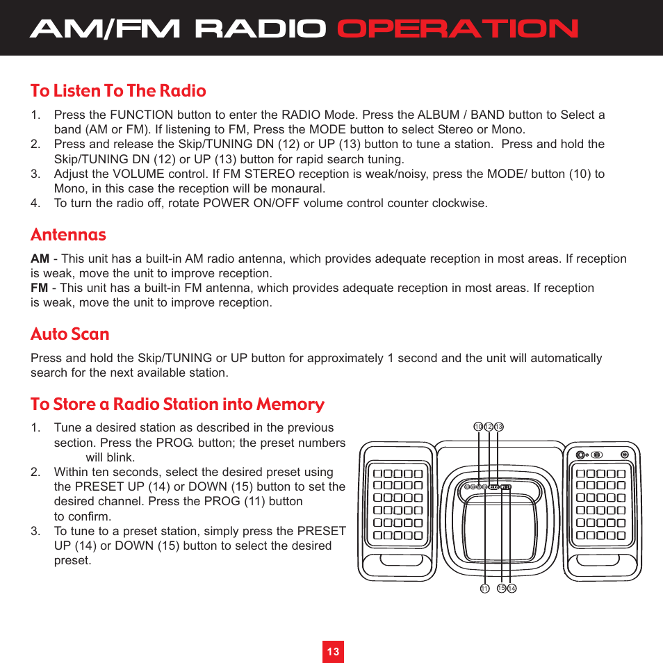 Am/fm radio operation, Antennas, Auto scan | Sirius Satellite Radio XS097 User Manual | Page 19 / 36